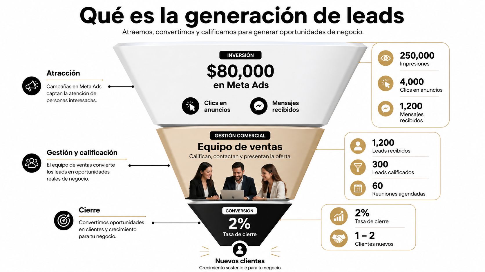 Embudo de marketing que ilustra el proceso de generación de leads desde la inversión hasta nuevos clientes.