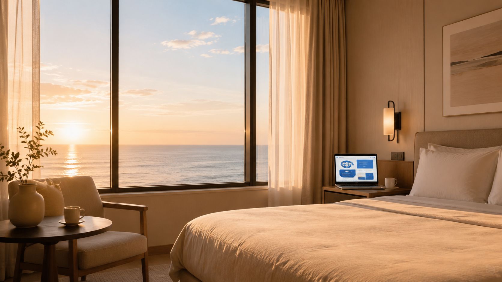 Una habitación de hotel con cama cómoda y un portátil sobre la mesilla frente a la puesta de sol.