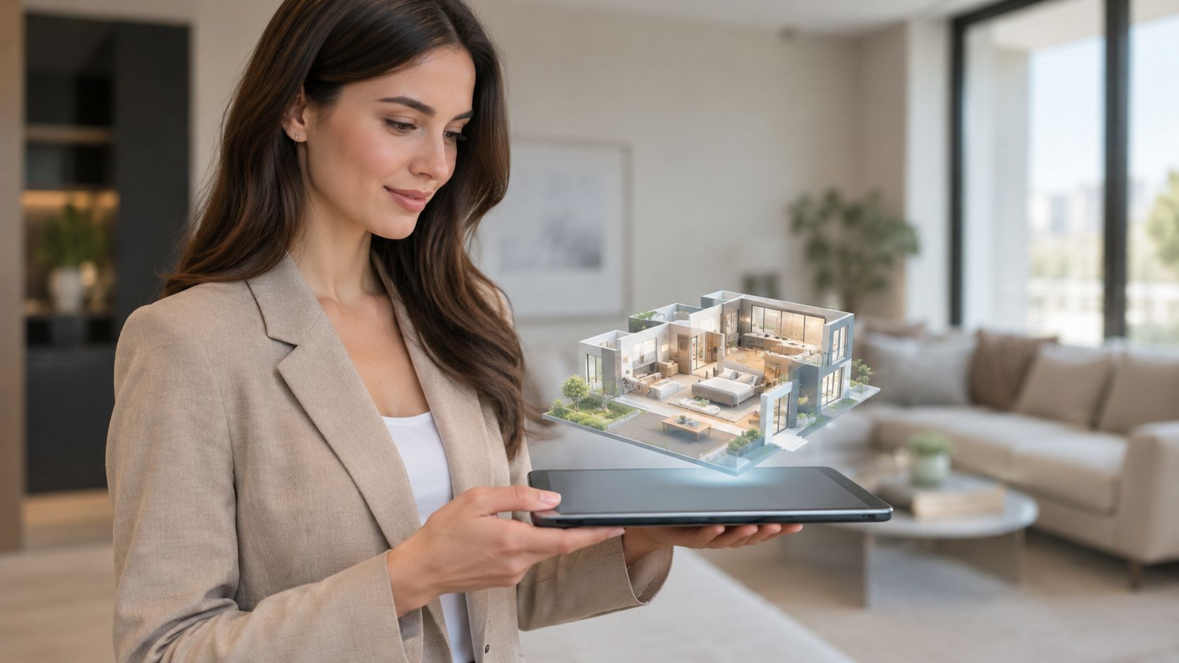 Una mujer de negocios observa un modelo 3D holográfico de una casa proyectado desde su tableta digital.