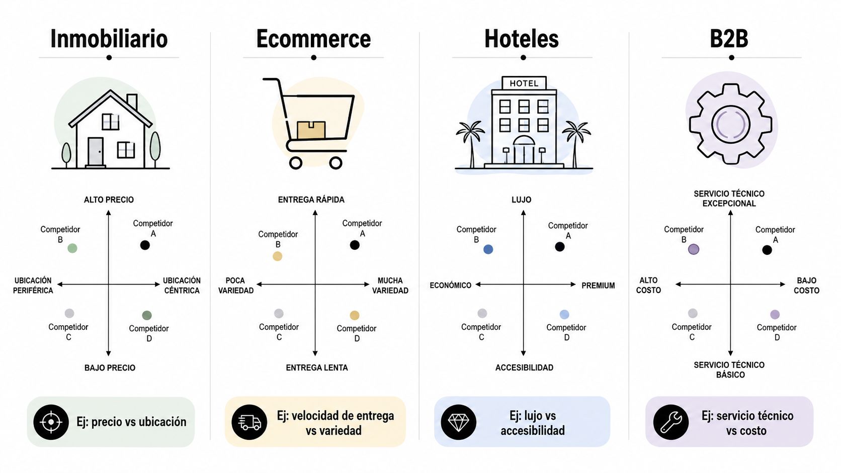 Cuatro mapas de posicionamiento estratégico de mercado para sectores inmobiliario, ecommerce, hoteles y servicios B2B.