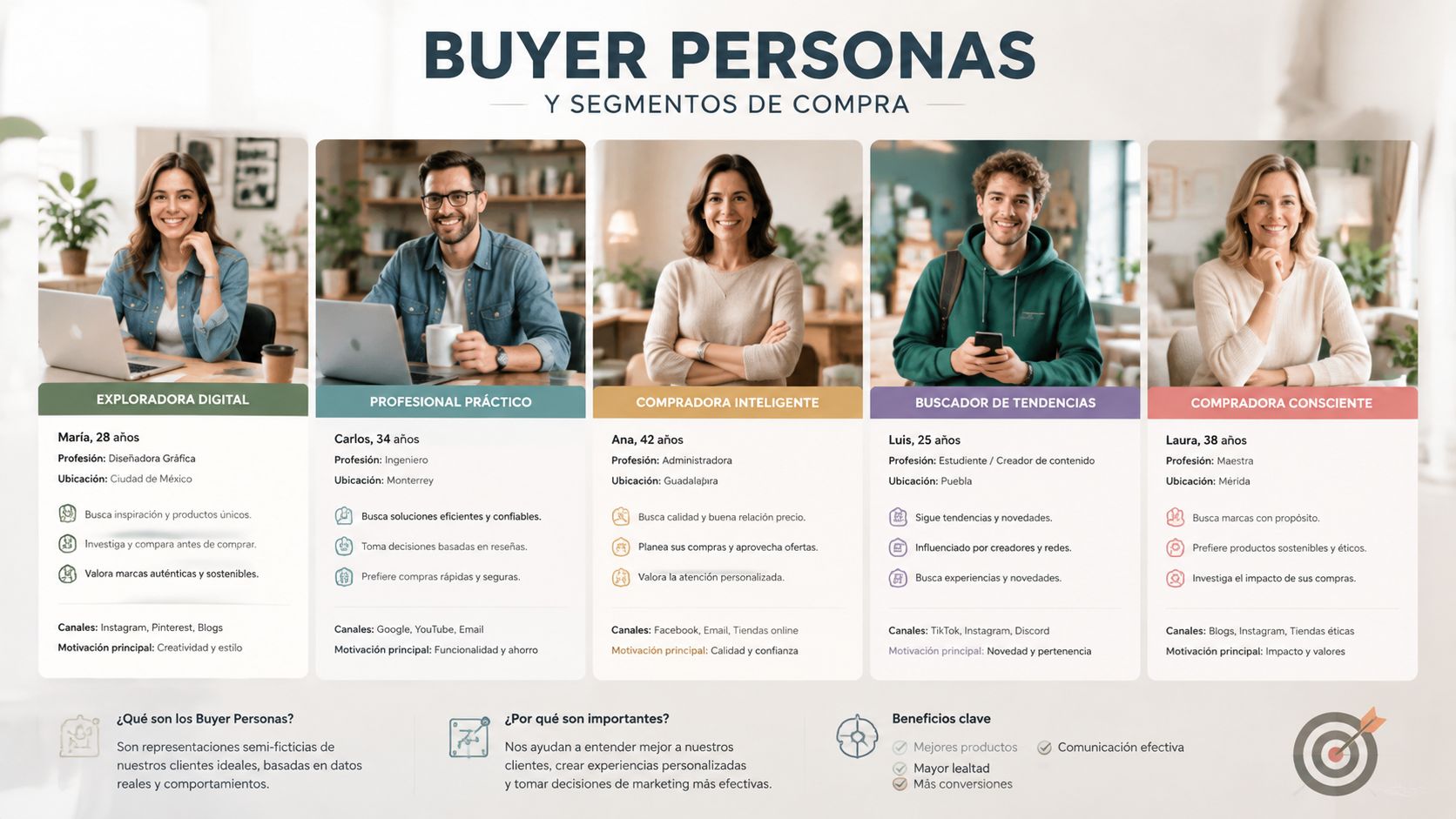Infografía sobre buyer personas mostrando cinco perfiles de compradores con sus motivaciones, canales y características principales.