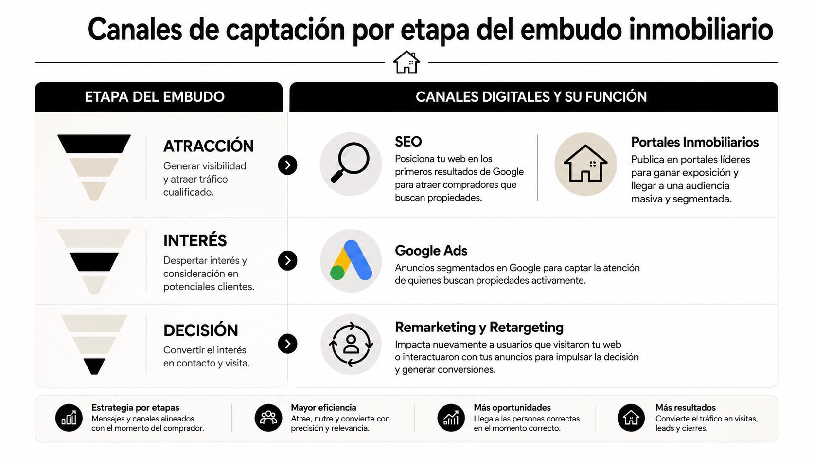 Embudo de ventas inmobiliario: guía paso a paso » embudo de ventas inmobiliario Diagrama que ilustra los canales digitales de captación organizados según las etapas del embudo de ventas inmobiliario.