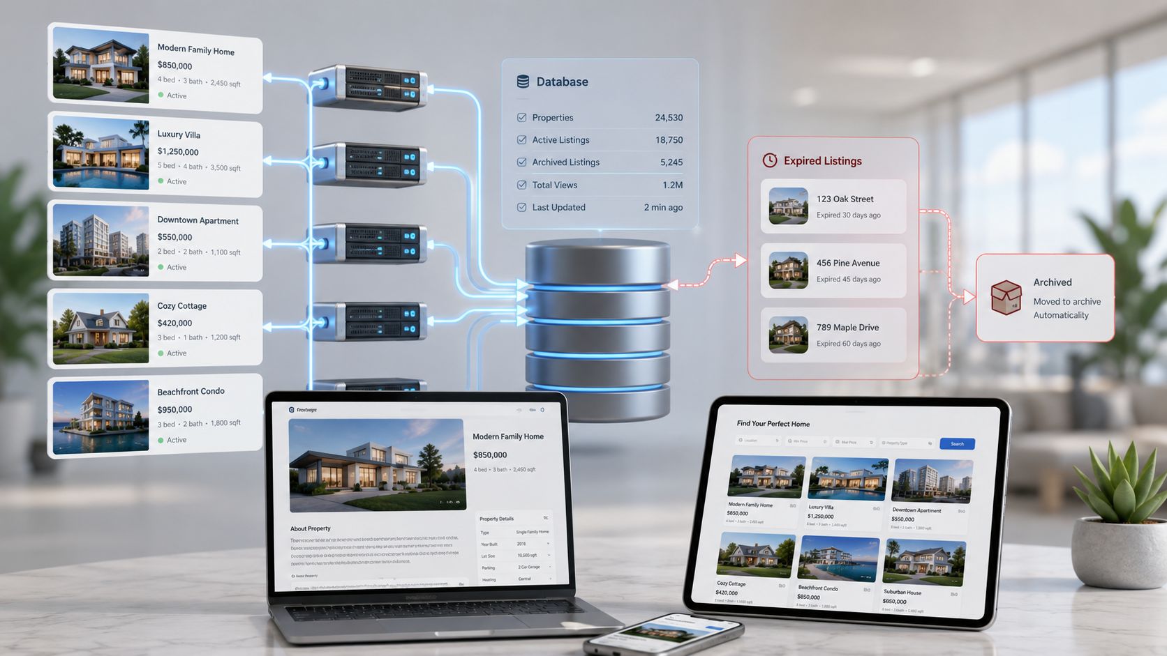 Representación gráfica de flujo de datos inmobiliarios mostrando servidores conectados a una base de datos centralizada.