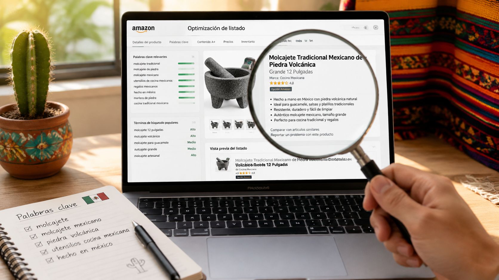 Una computadora portátil mostrando la optimización de listado en Amazon para un molcajete de piedra volcánica.