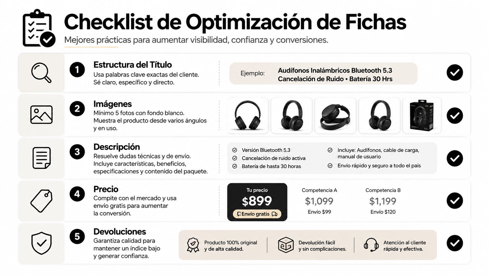 Checklist de optimización para mejorar la visibilidad y conversión de productos en plataformas de comercio electrónico.