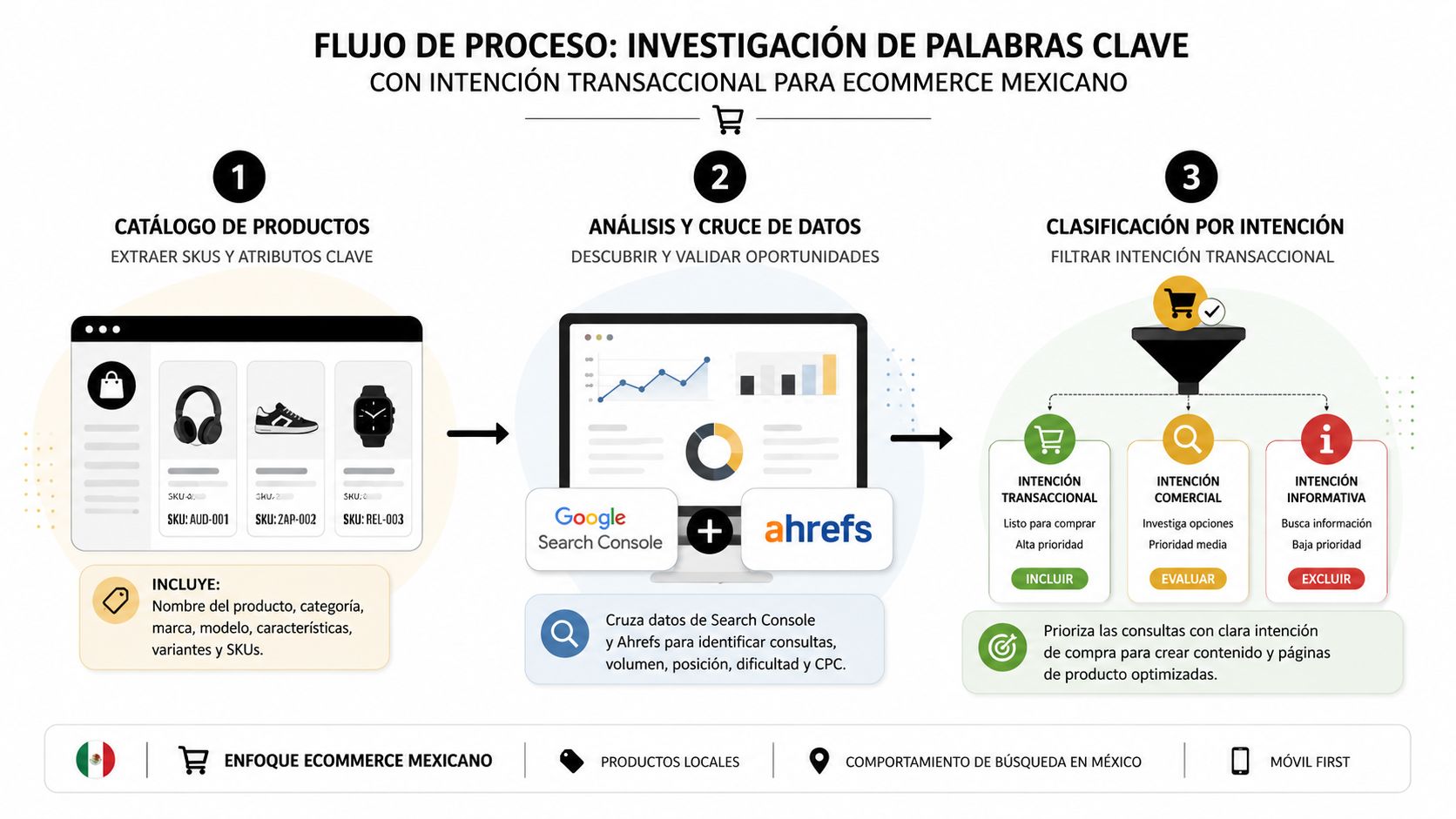 Diagrama de flujo que explica la estrategia de investigación de palabras clave con intención transaccional para ecommerce en México.