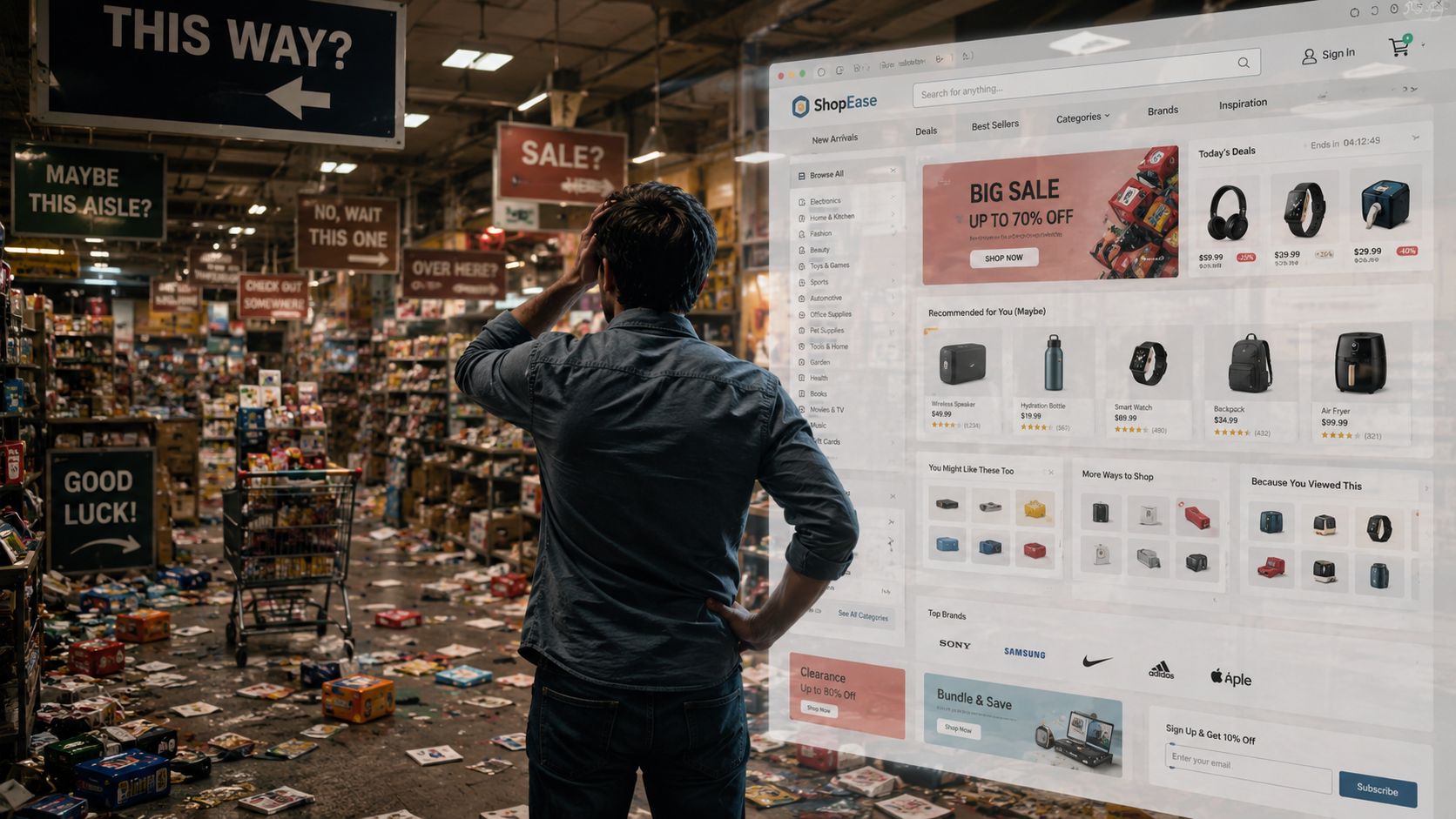 Un hombre confundido en un supermercado desordenado frente a una interfaz de compra online moderna.
