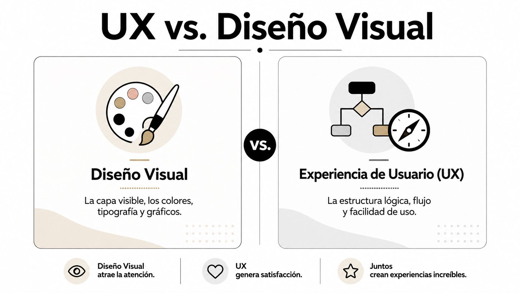 Infografía comparativa que muestra las diferencias entre el diseño visual y la experiencia de usuario (UX).