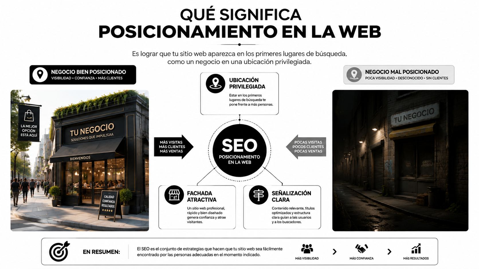 Infografía comparativa que explica el posicionamiento web, mostrando un negocio exitoso frente a uno sin visibilidad.