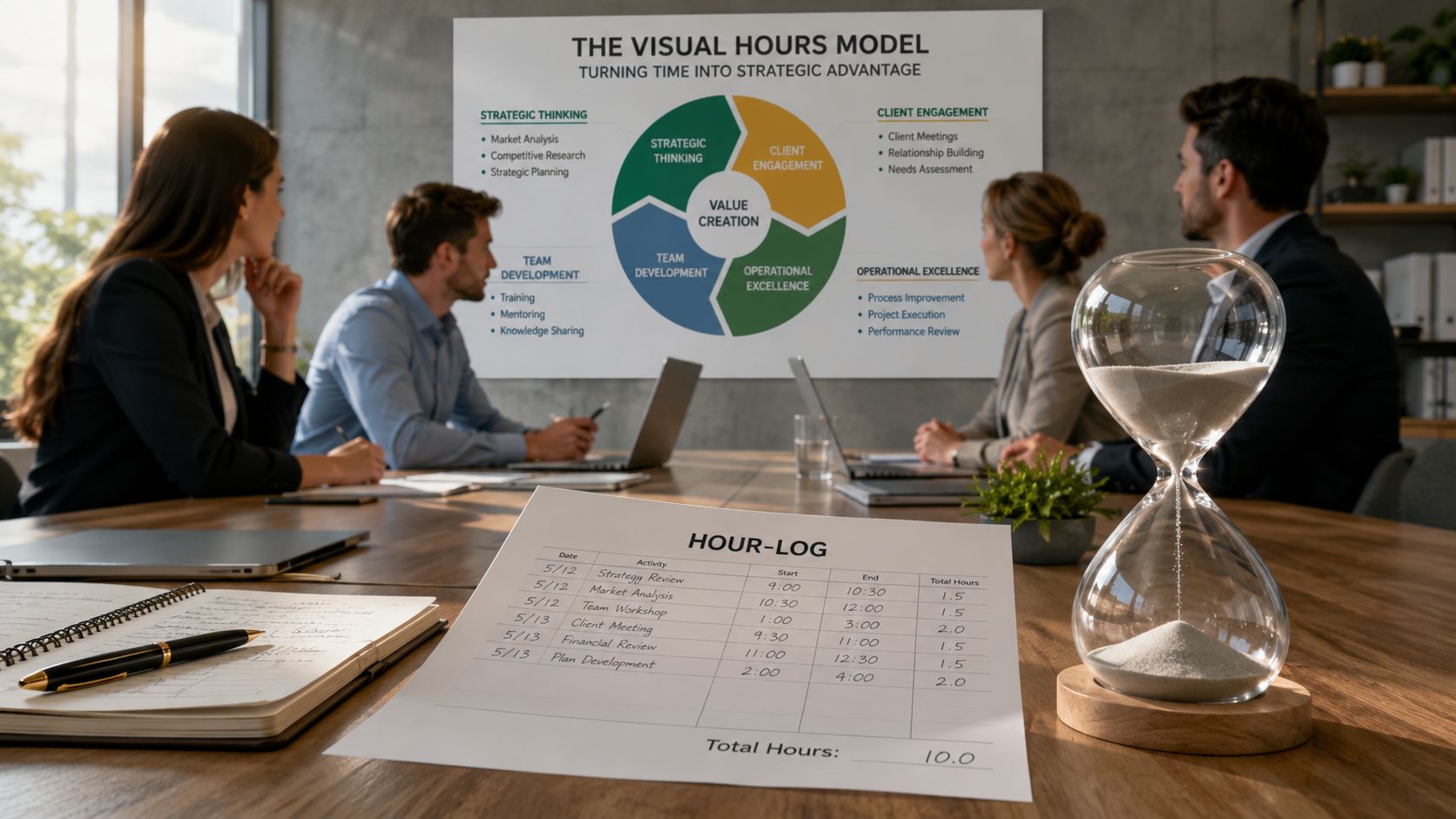 Un grupo de profesionales en una reunión de negocios analizando un modelo estratégico y un registro horario.