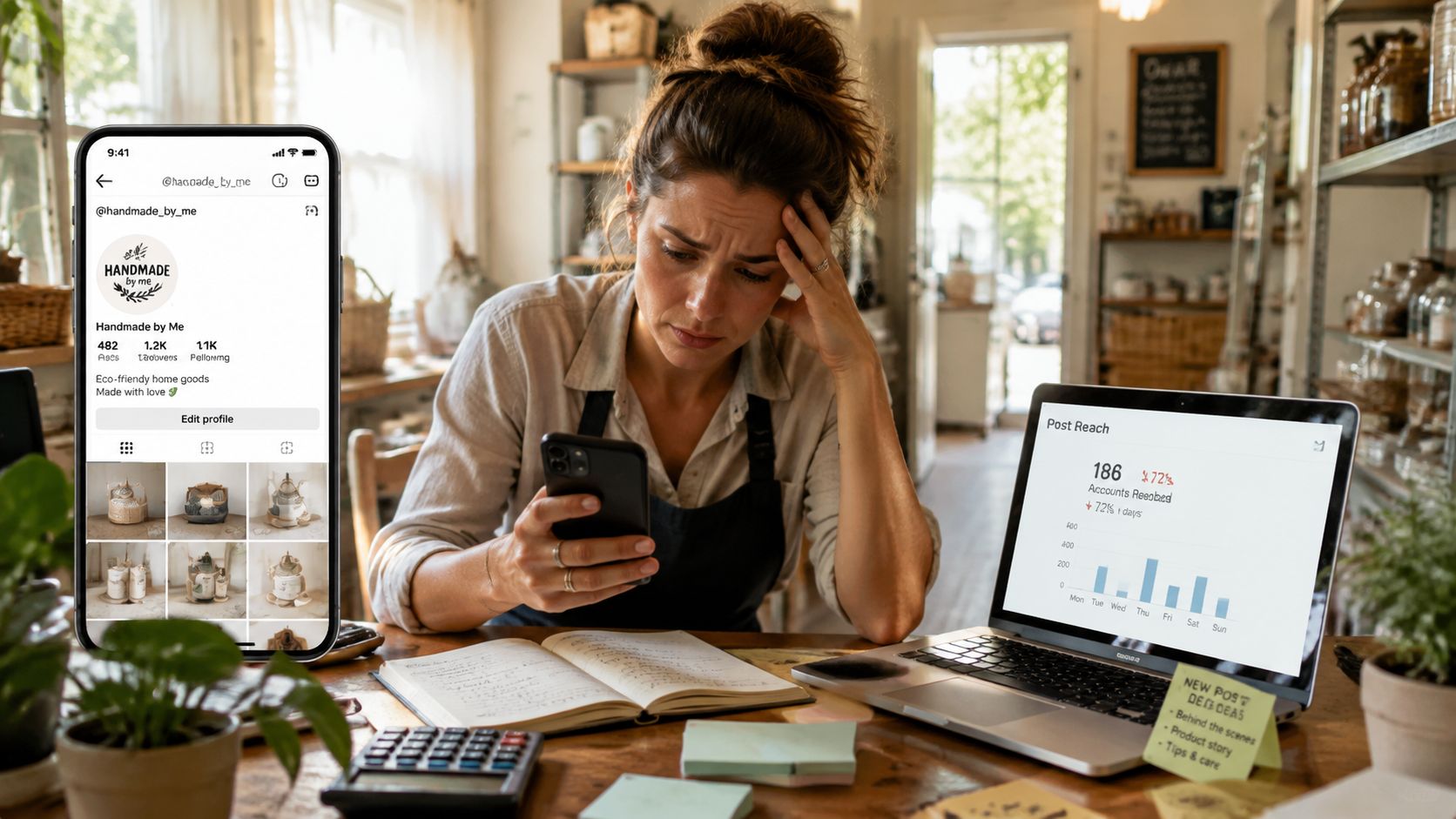 Fanpage que es y cómo usarla para vender más en 2026 » fanpage que es Una mujer estresada revisando métricas de redes sociales en su teléfono móvil y computadora portátil de trabajo.