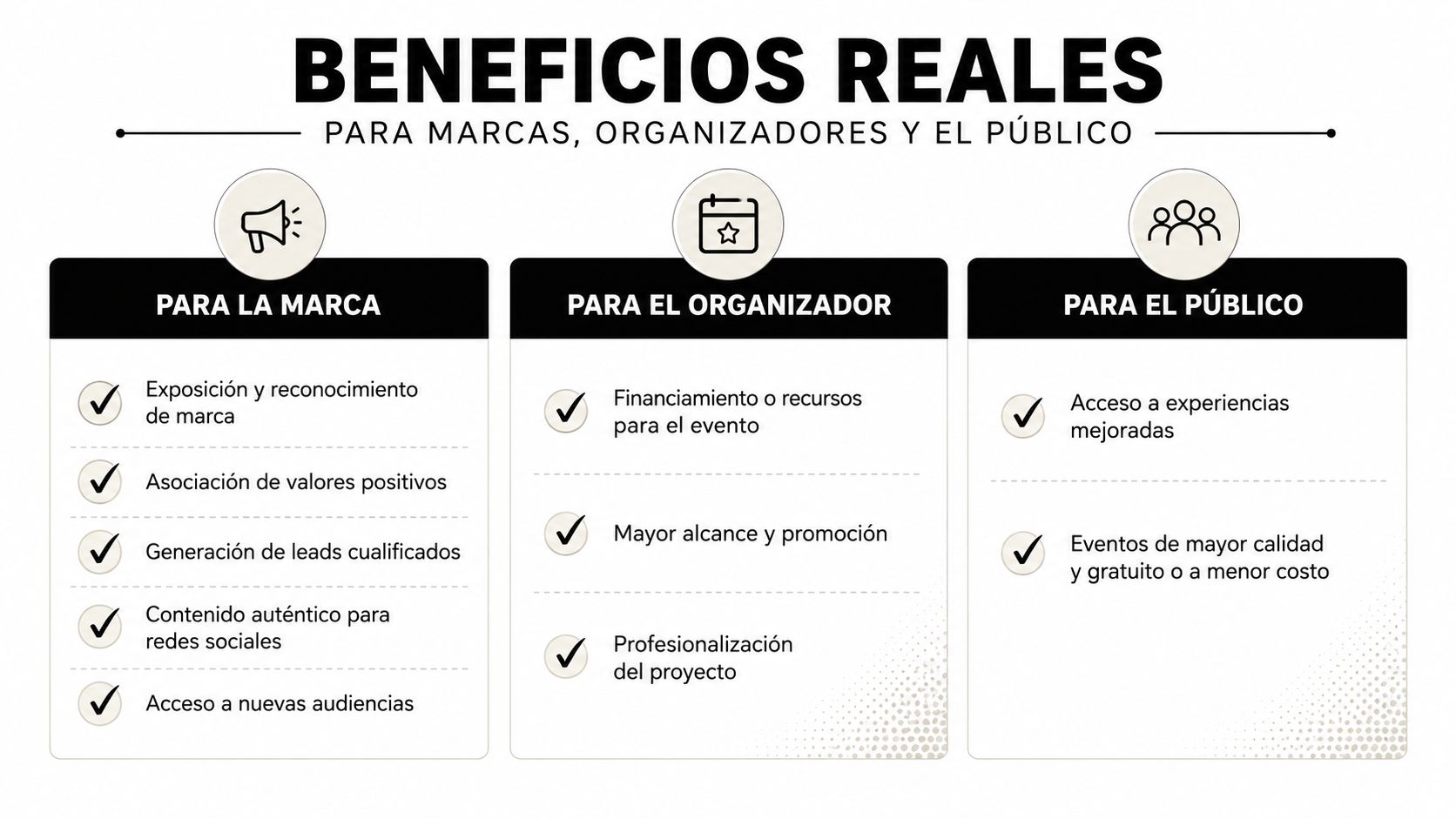 Infografía sobre los beneficios reales de los patrocinios para marcas, organizadores de eventos y el público general.