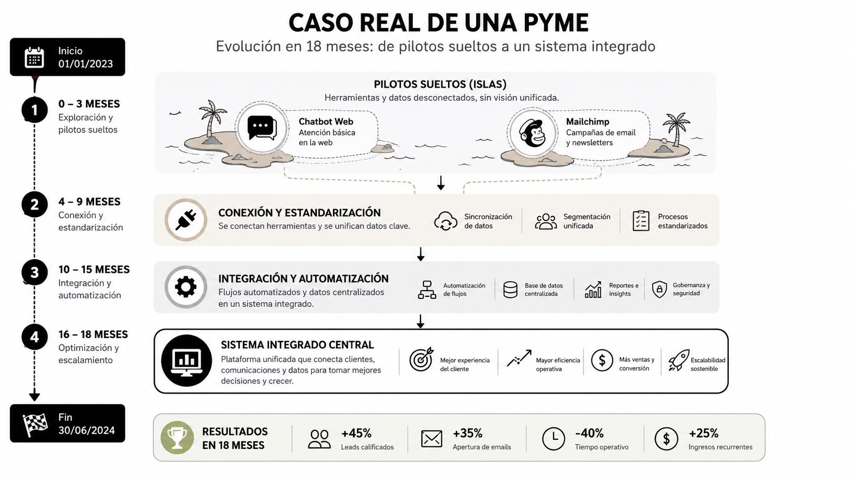 Infografía sobre la evolución de una PYME mediante la integración y automatización de sistemas en 18 meses.
