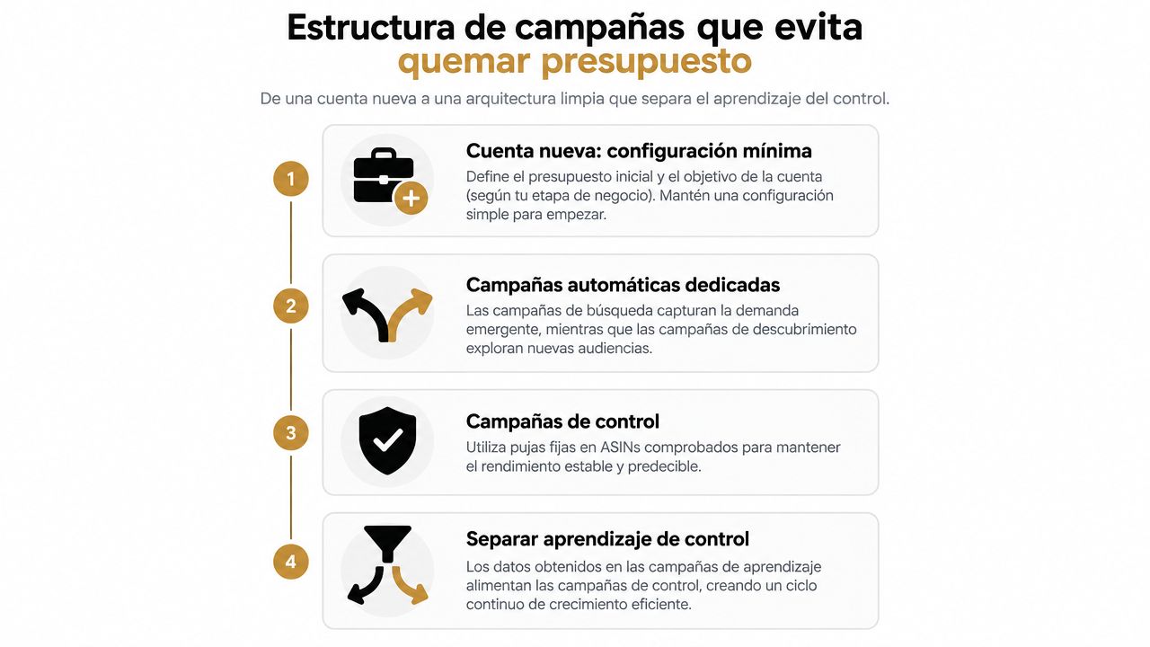 Infografía sobre una estructura de campañas para publicidad en Amazon diseñada para evitar desperdiciar presupuesto publicitario.