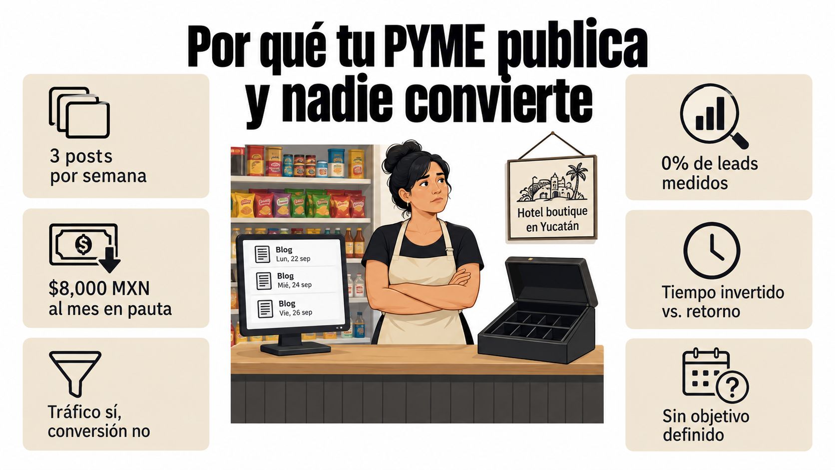 Infografía sobre los errores comunes de marketing digital que impiden las conversiones en pequeñas empresas.