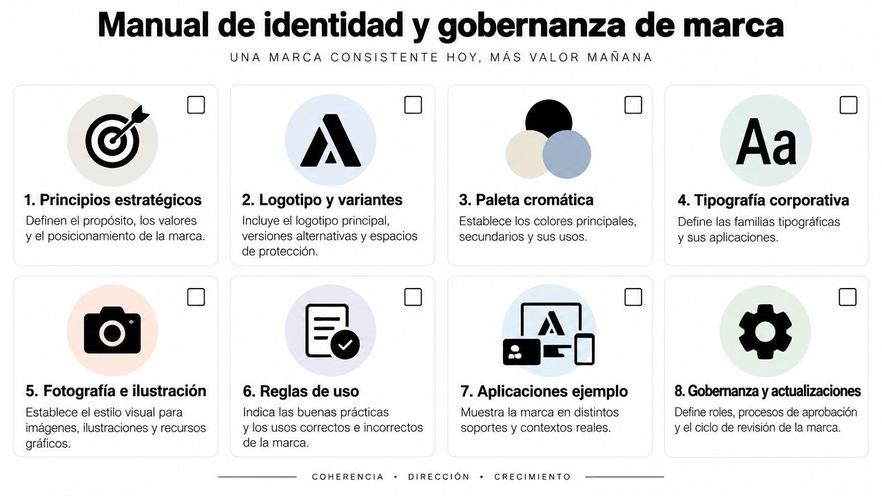 Infografía sobre los ocho elementos fundamentales que componen el manual de identidad y gobernanza de una marca corporativa.
