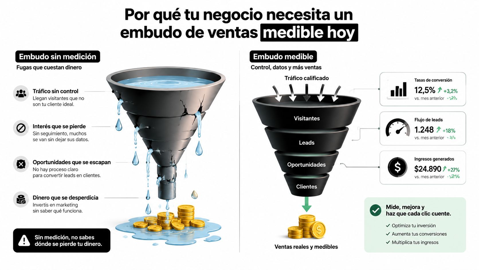 Comparación visual entre un embudo de ventas sin medición frente a un embudo medible y optimizado.