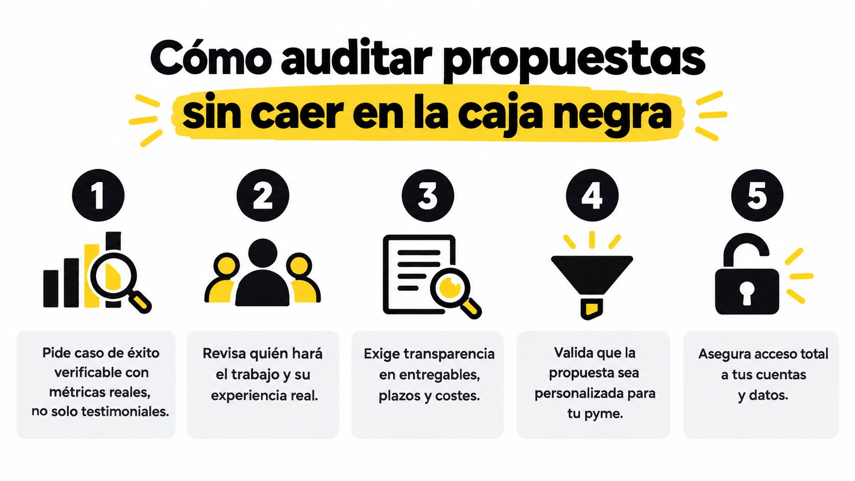 Infografía con cinco consejos esenciales para auditar propuestas de agencias de marketing sin caer en engaños.
