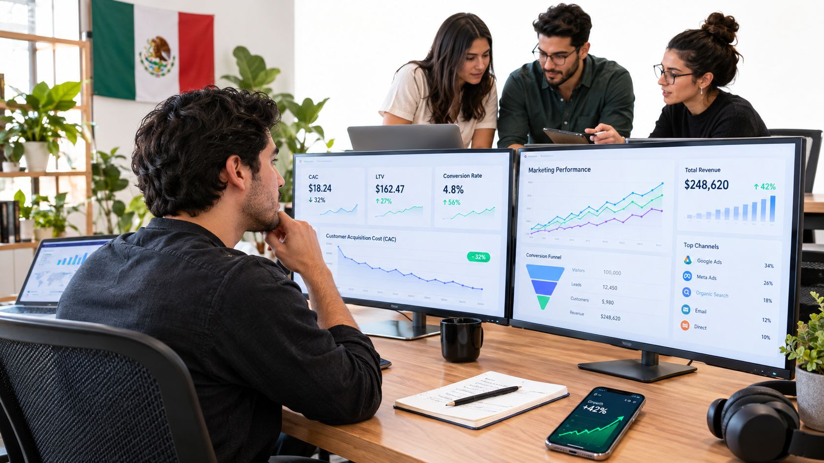 Un equipo de marketing revisando analíticas de rendimiento en pantallas de computadora en una oficina moderna.