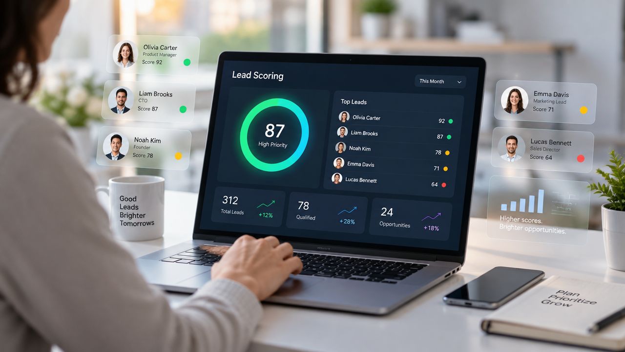 9 estrategias de email marketing para crecer » estrategias de email marketing Una persona trabajando en un portátil con una interfaz de panel de control para puntuación de prospectos.