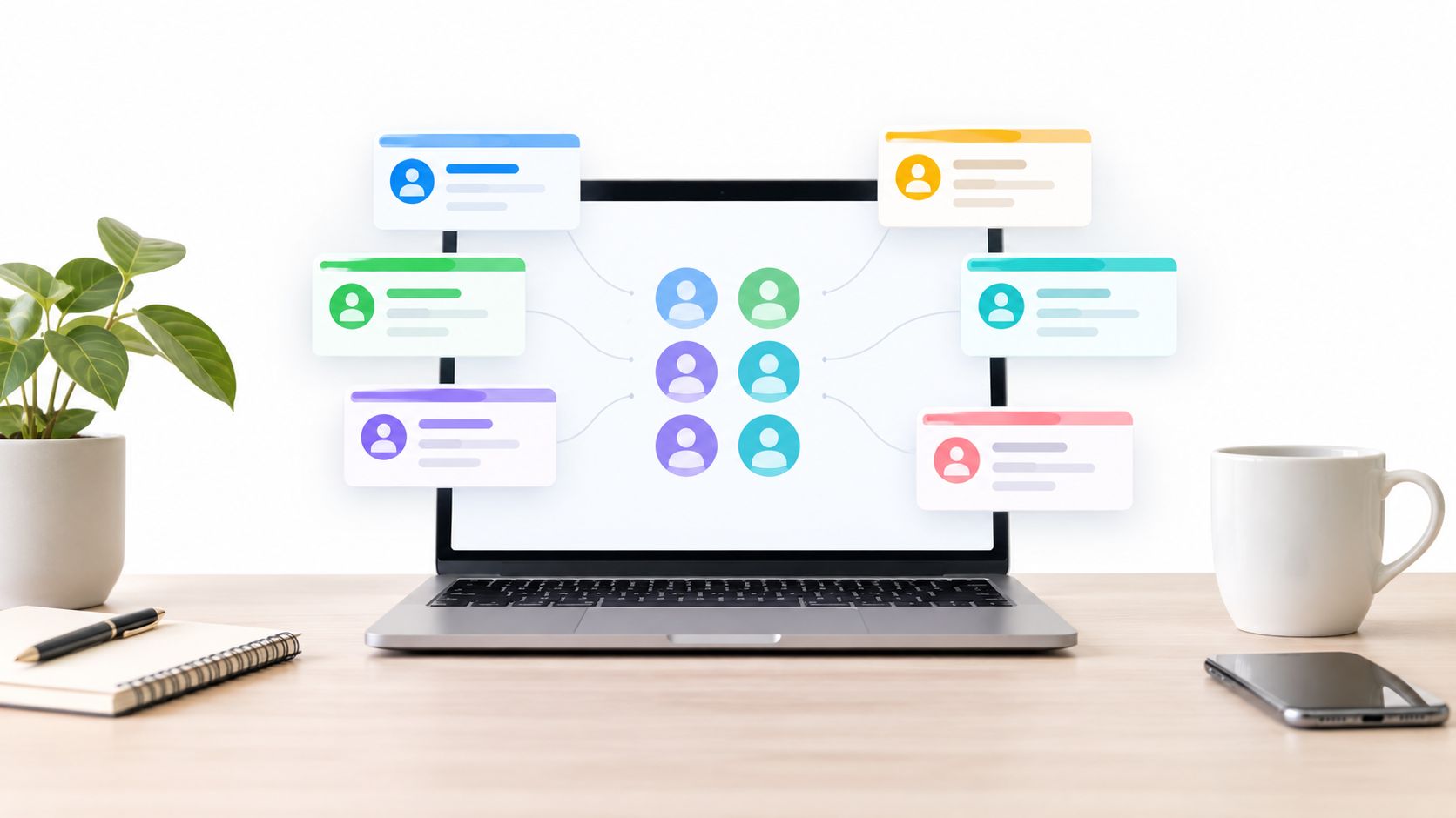 9 estrategias de email marketing para crecer » estrategias de email marketing Ordenador portátil con iconos de perfiles de usuario conectados mediante líneas en la pantalla de escritorio.