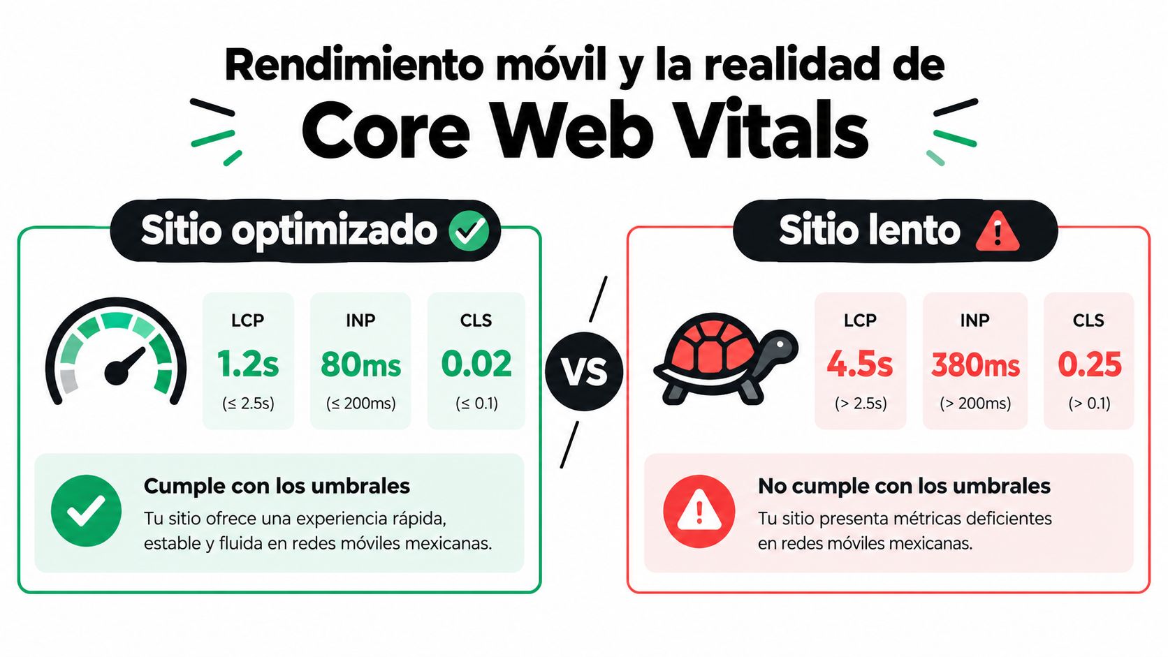 Comparativa de Core Web Vitals entre un sitio web optimizado y uno lento en redes móviles.