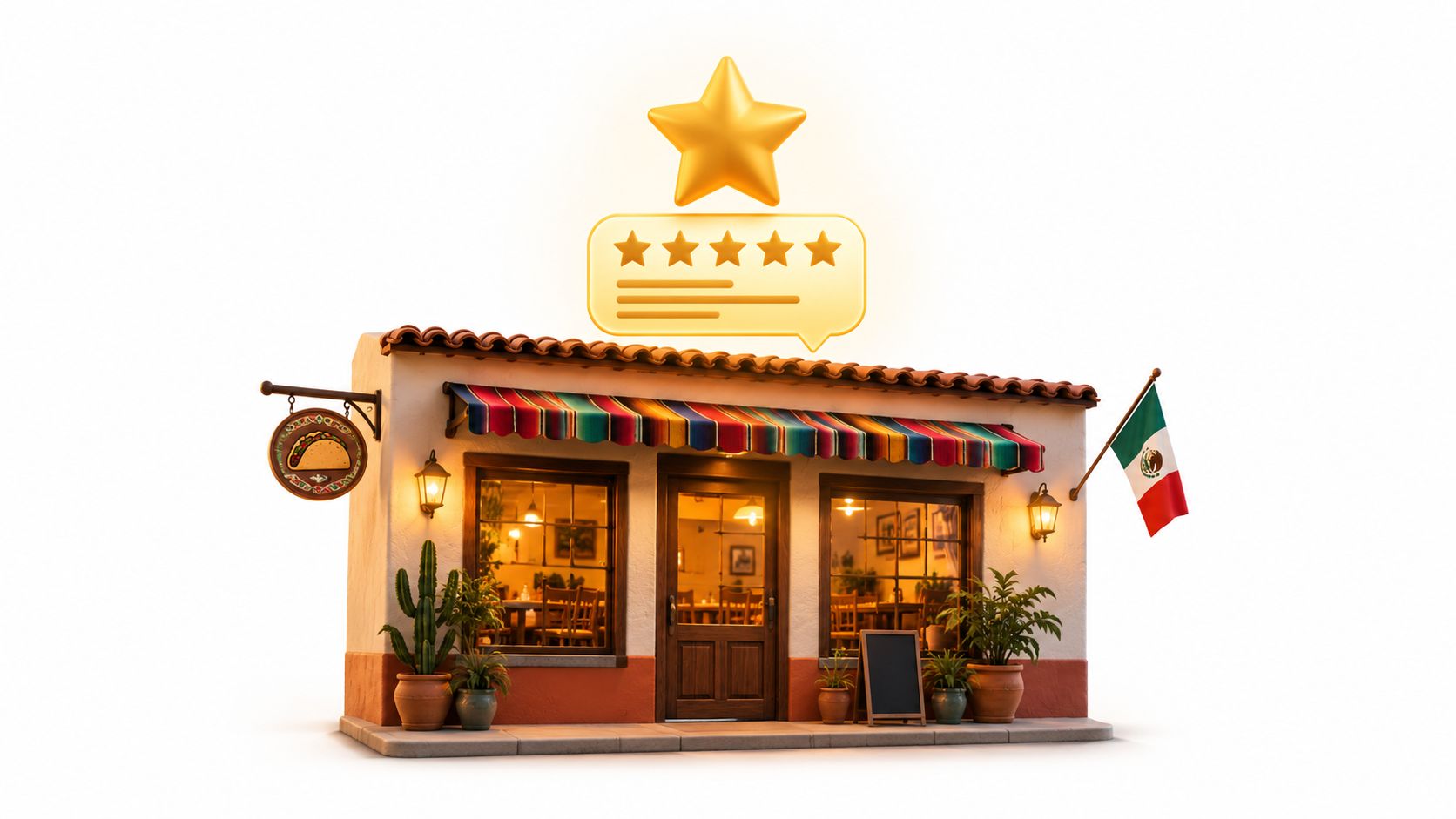 Restaurante mexicano de tacos con calificación de cinco estrellas flotante, diseño tipo maqueta sobre fondo blanco.
