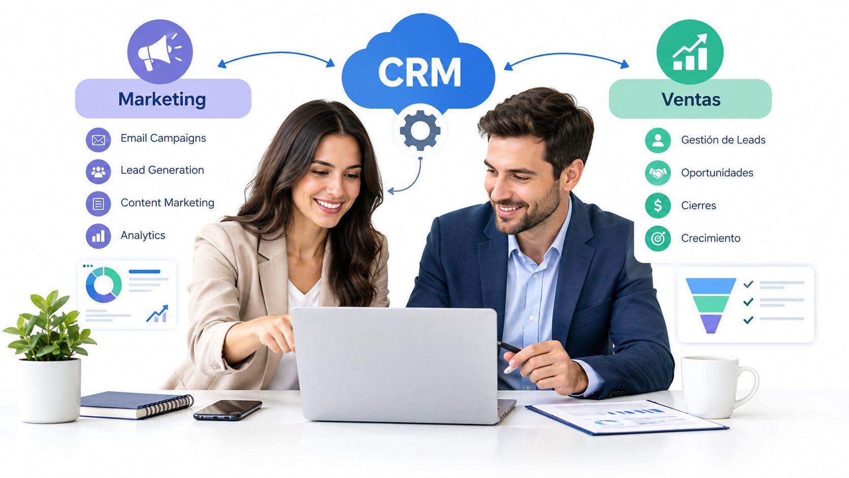 Dos profesionales trabajando juntos en un ordenador portátil conectados mediante un software CRM para marketing y ventas.