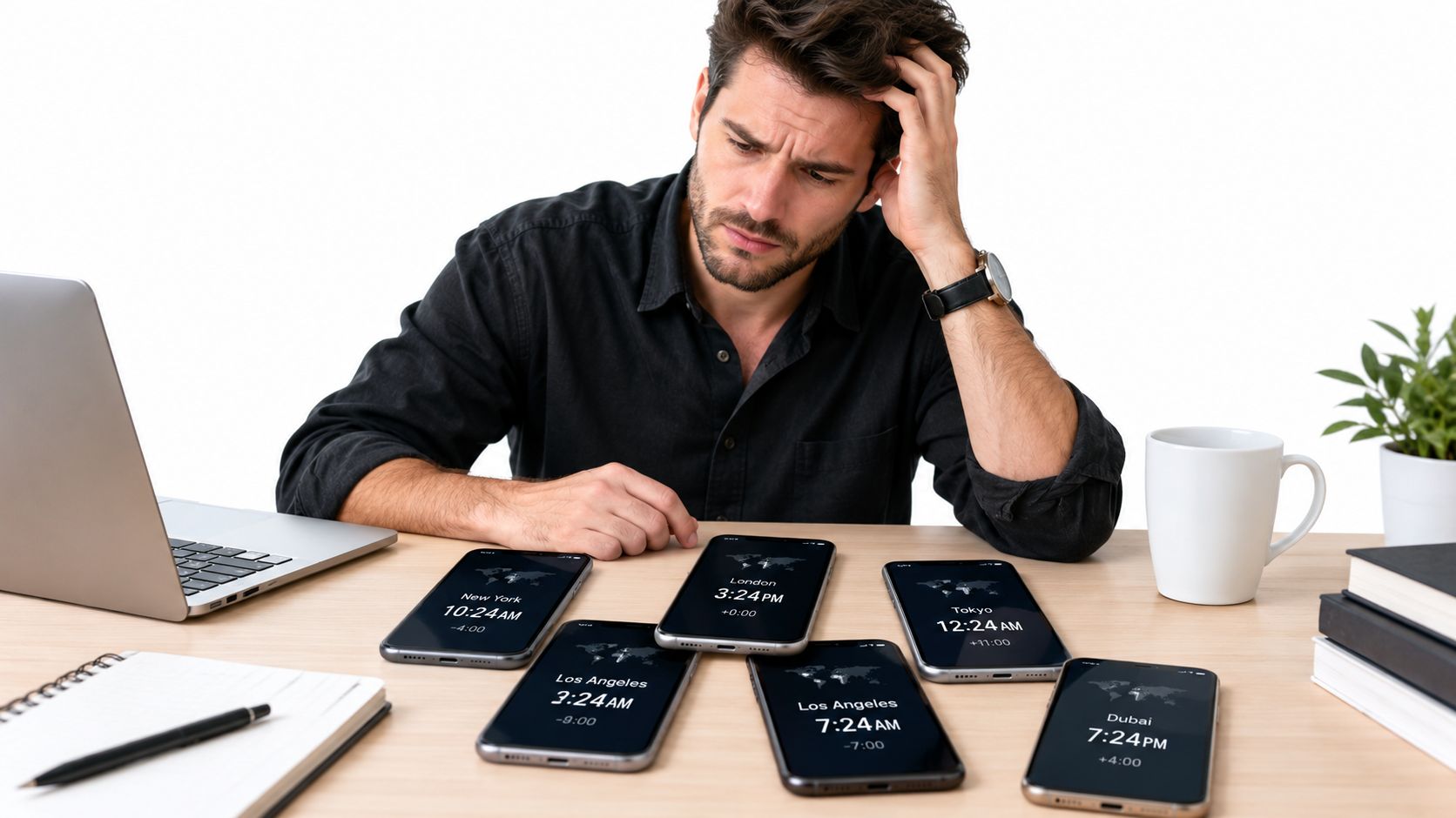 Un hombre estresado trabajando frente a varios teléfonos inteligentes que muestran diferentes zonas horarias internacionales