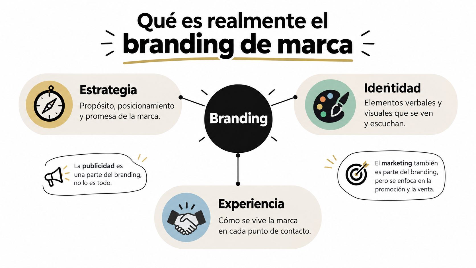 Diagrama explicativo sobre qué es realmente el branding, destacando estrategia, identidad, experiencia, publicidad y marketing.