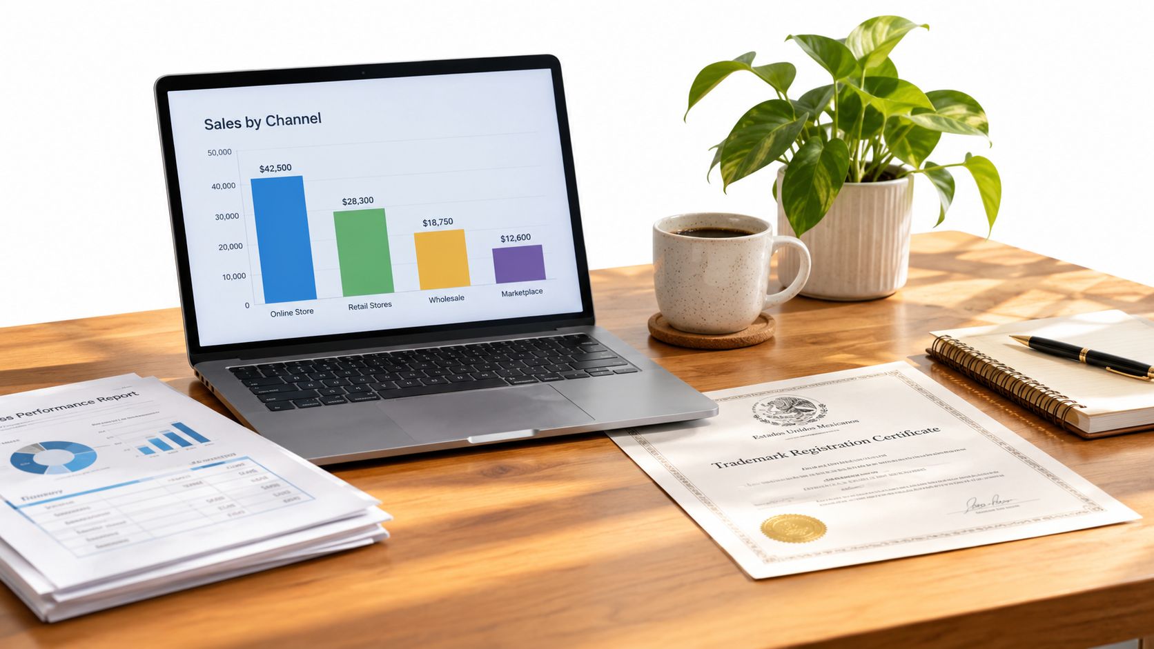 Un espacio de trabajo con computadora portátil mostrando gráficos de ventas, un certificado de marca y documentos