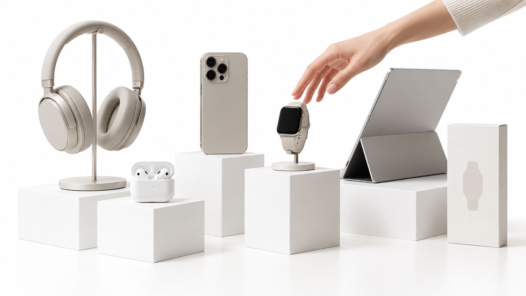 Una mano alcanza un reloj inteligente colocado sobre un pedestal junto a varios dispositivos electrónicos de marca.