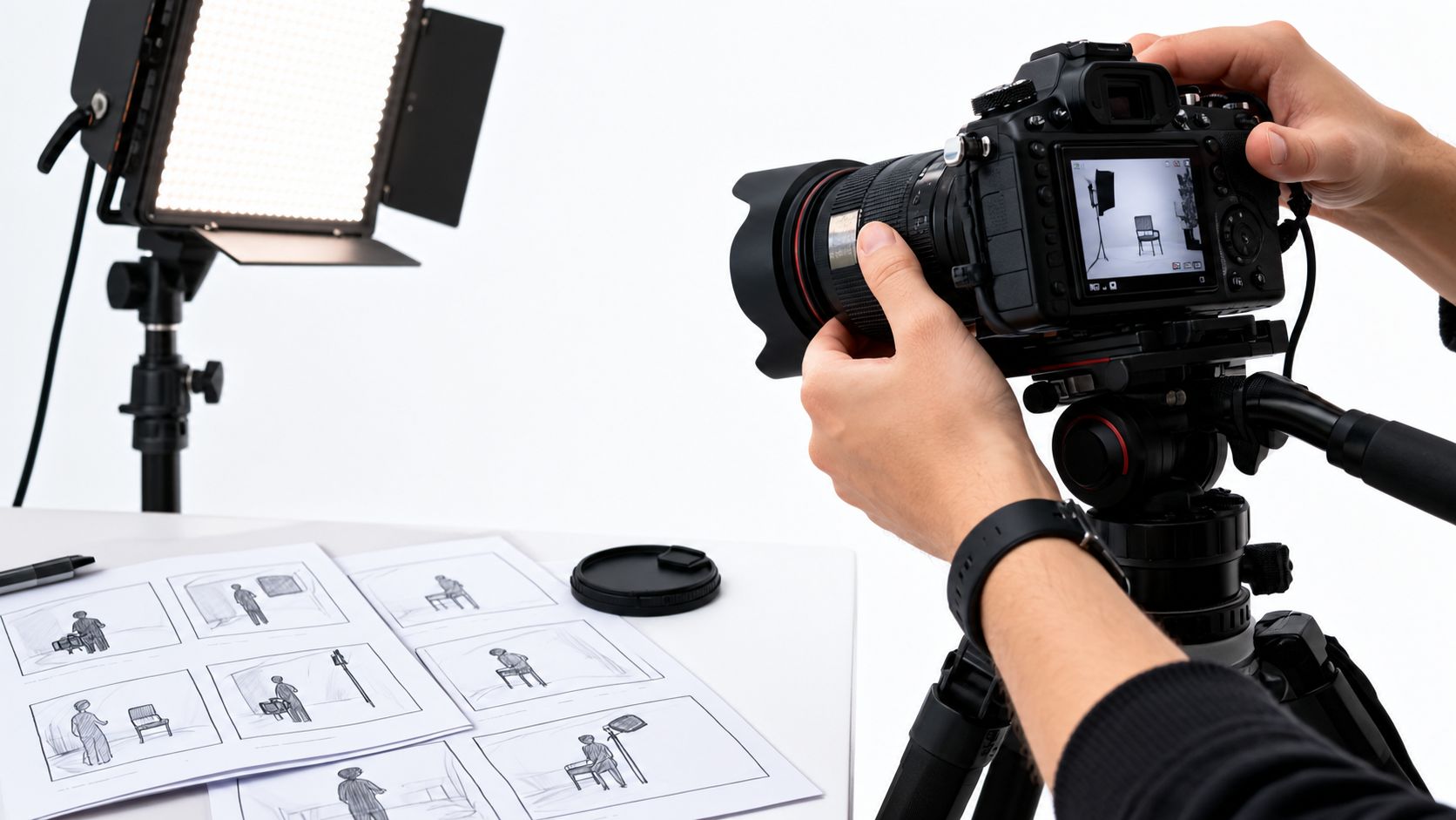 Un fotógrafo ajusta su cámara sobre un trípode mientras revisa una serie de bocetos de producción.