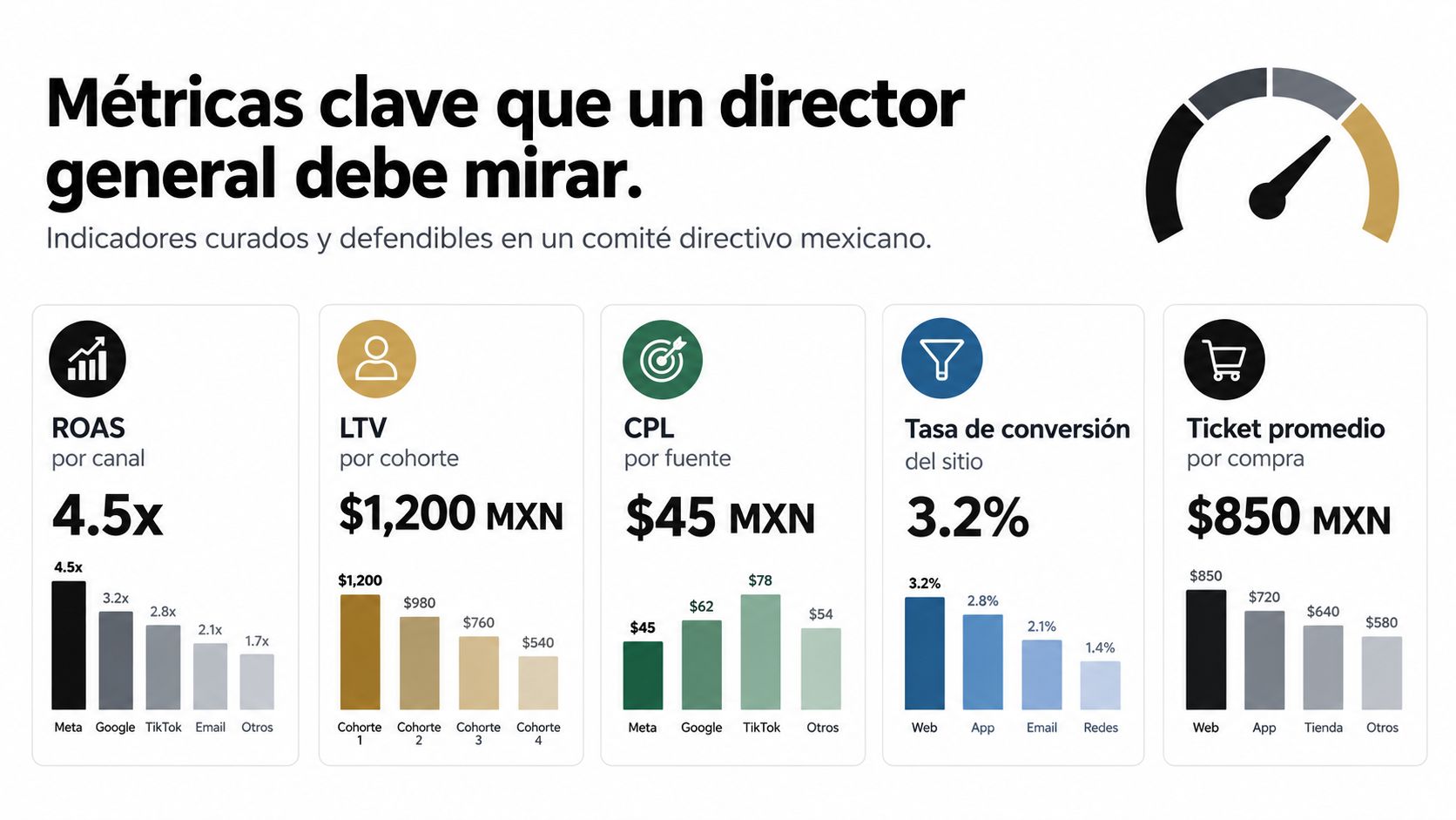 Gráfico que muestra métricas clave de negocios como ROAS, LTV, CPL, tasa de conversión y ticket promedio.