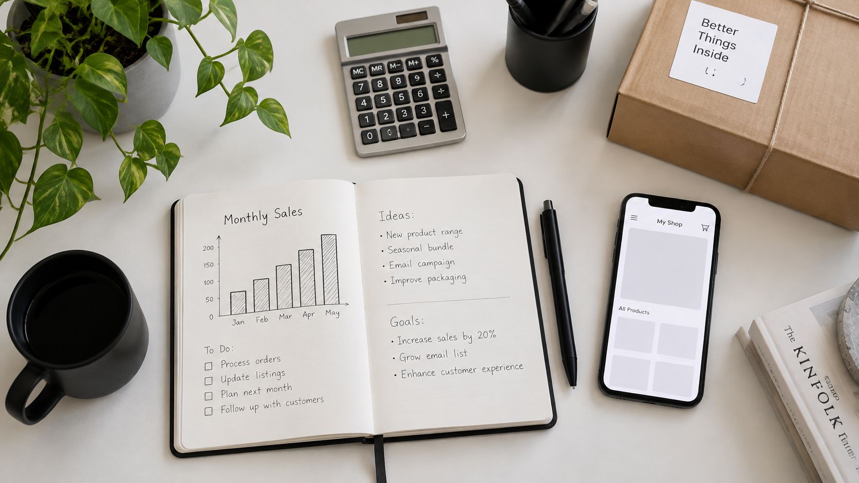 Una vista superior de un escritorio con un cuaderno abierto con planes de marketing, ventas y objetivos.