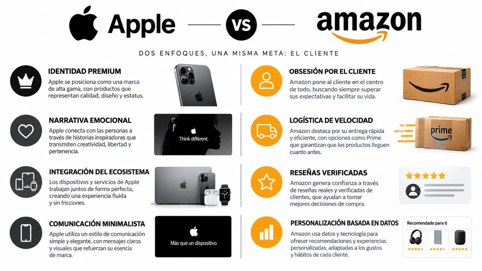 Comparativa visual entre Apple y Amazon destacando sus estrategias de marca, valores y enfoques centrados en clientes.