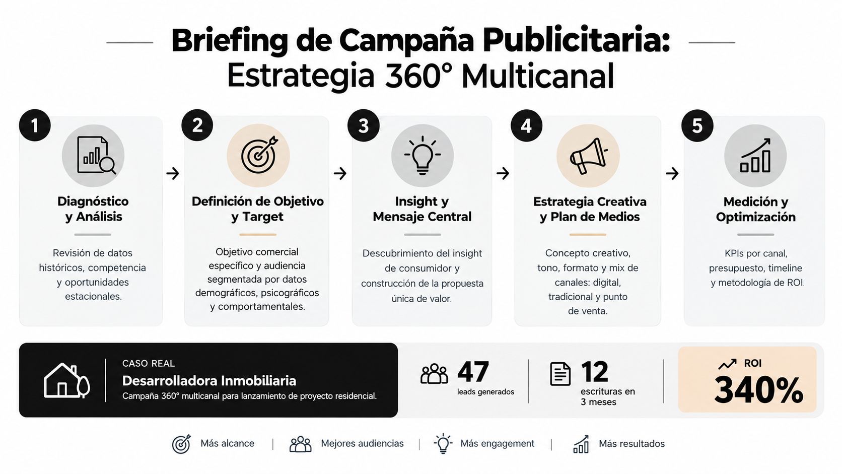Infografía que detalla un proceso de cinco pasos para la creación de un briefing de campaña publicitaria.