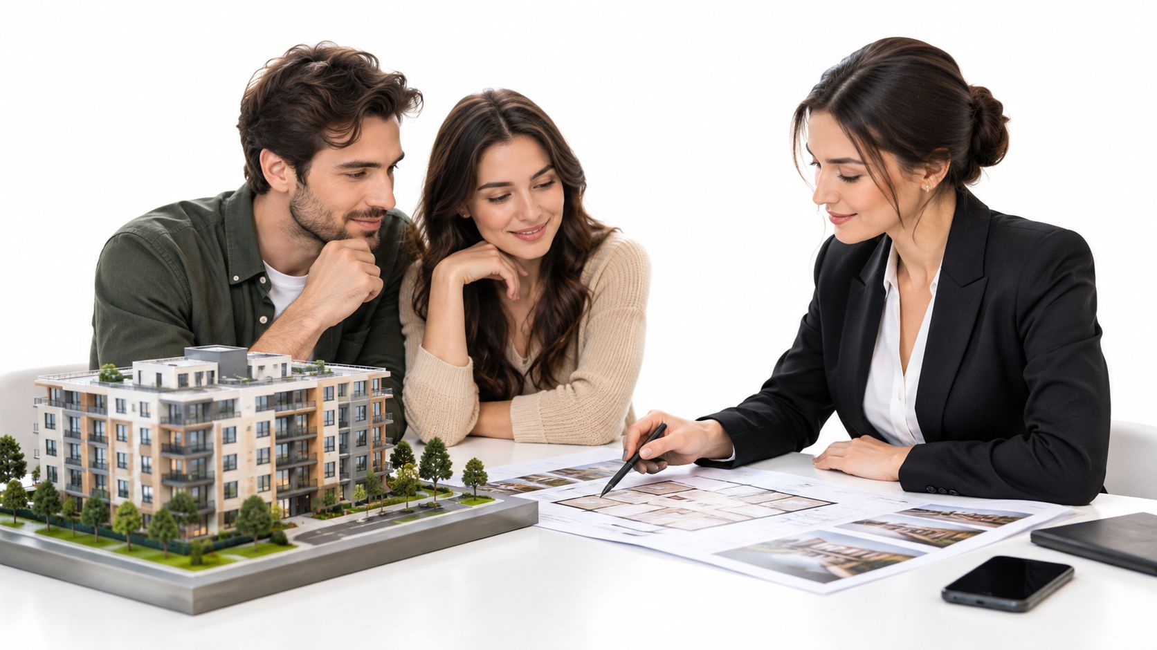 Ocho ejemplos de embudos de ventas por sector » Una agente de bienes raíces muestra planos de construcción a una pareja interesada en una maqueta
