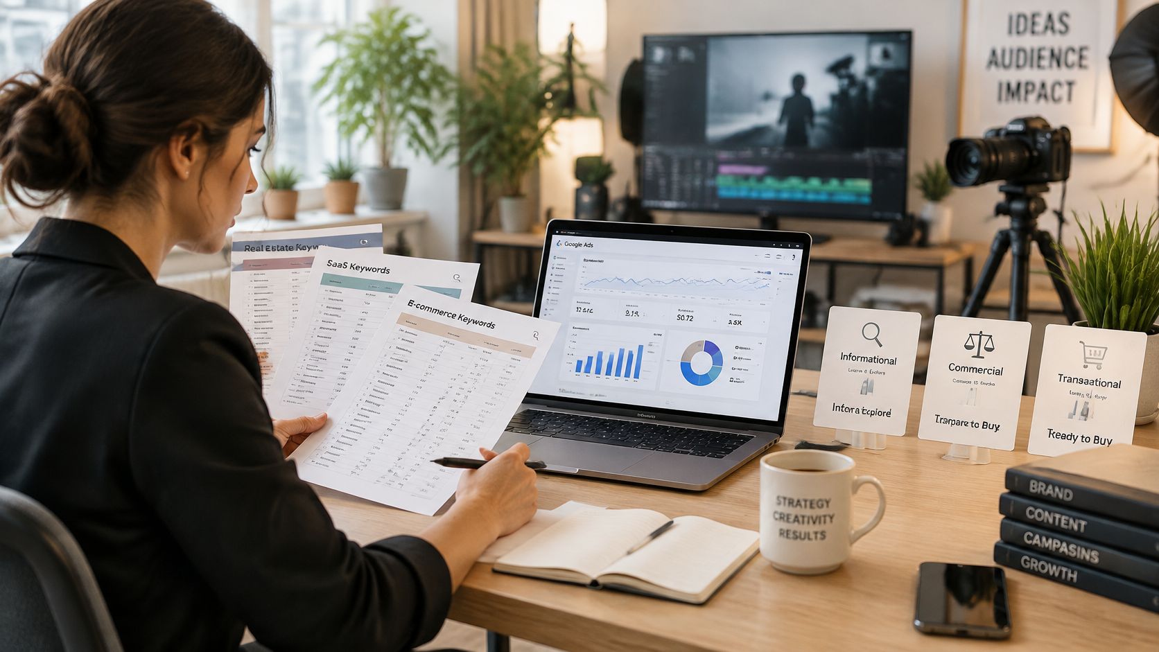Una profesional analizando estrategias de palabras clave para Google Ads mientras trabaja en su oficina moderna.