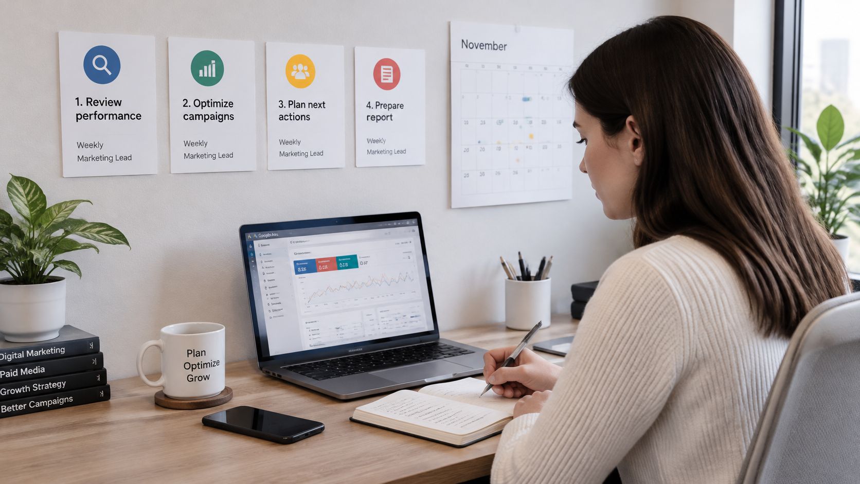 Una profesional sentada en su escritorio revisando métricas de Google Ads mientras toma notas en su libreta.