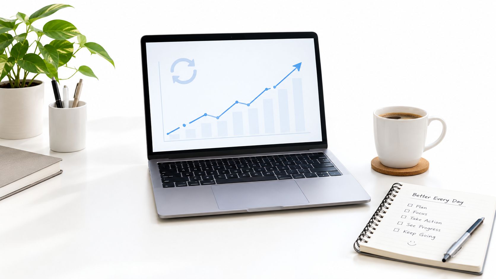Escritorio de oficina moderno con laptop mostrando gráficos de crecimiento, planta, café y una libreta de notas.