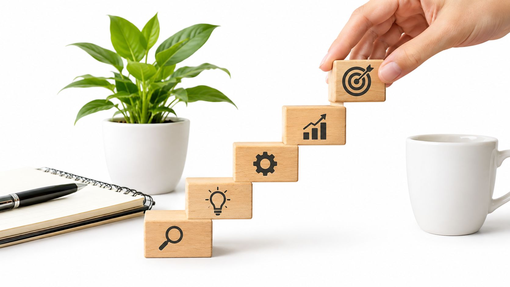 Estrategia de segmentacion de mercado » Una mano coloca un cubo de madera con un icono de objetivo sobre una escalera de bloques conceptual.