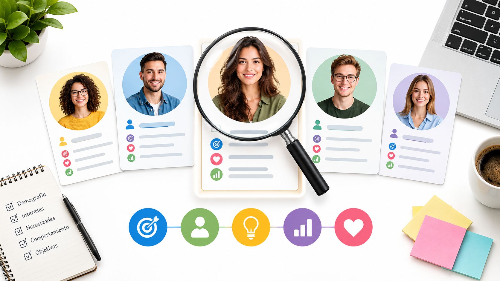 Estrategia de segmentacion de mercado » Representación visual de perfiles de consumidores siendo analizados con una lupa para estrategia de segmentación de mercado.