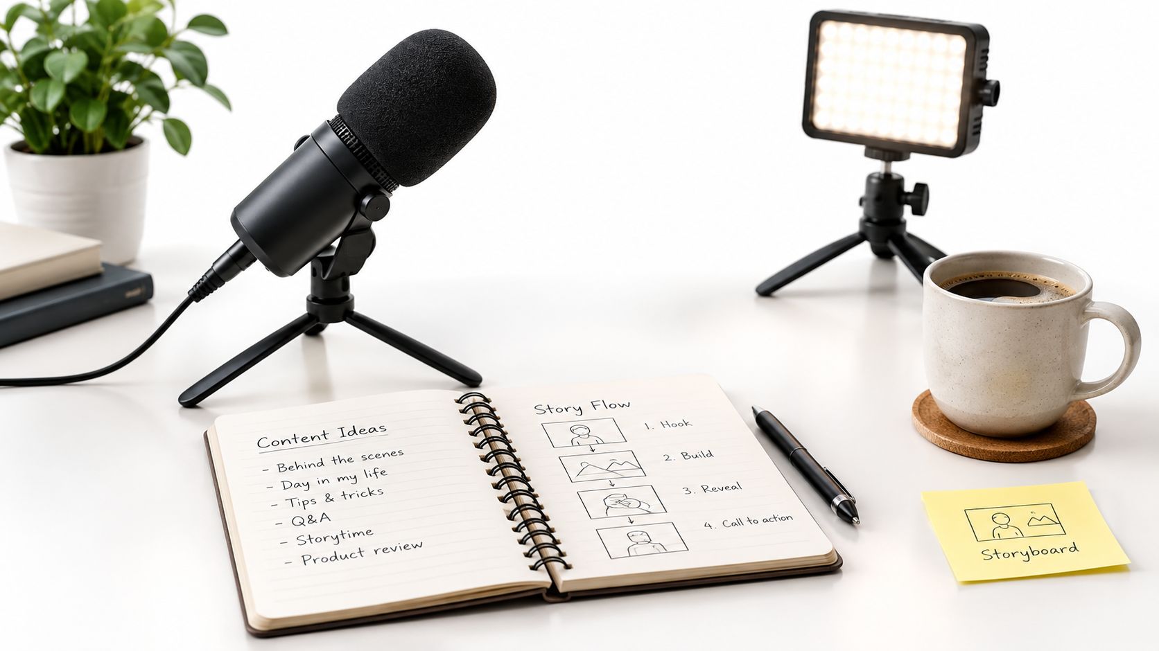 Configuración de creación de contenido con micrófono, cuaderno, iluminación y café sobre un escritorio blanco.