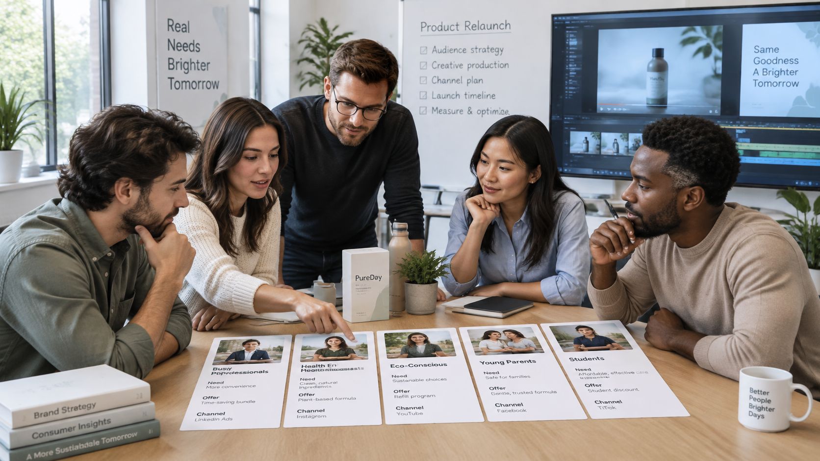 Un equipo de marketing diverso analiza perfiles de clientes para el relanzamiento de un producto natural.