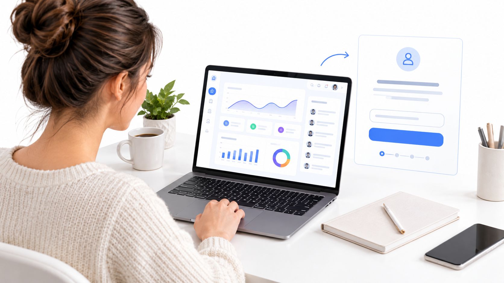 Ocho ejemplos de embudos de ventas por sector » Una mujer trabajando en su computadora portátil analizando gráficos y paneles de control digitales desde su oficina.