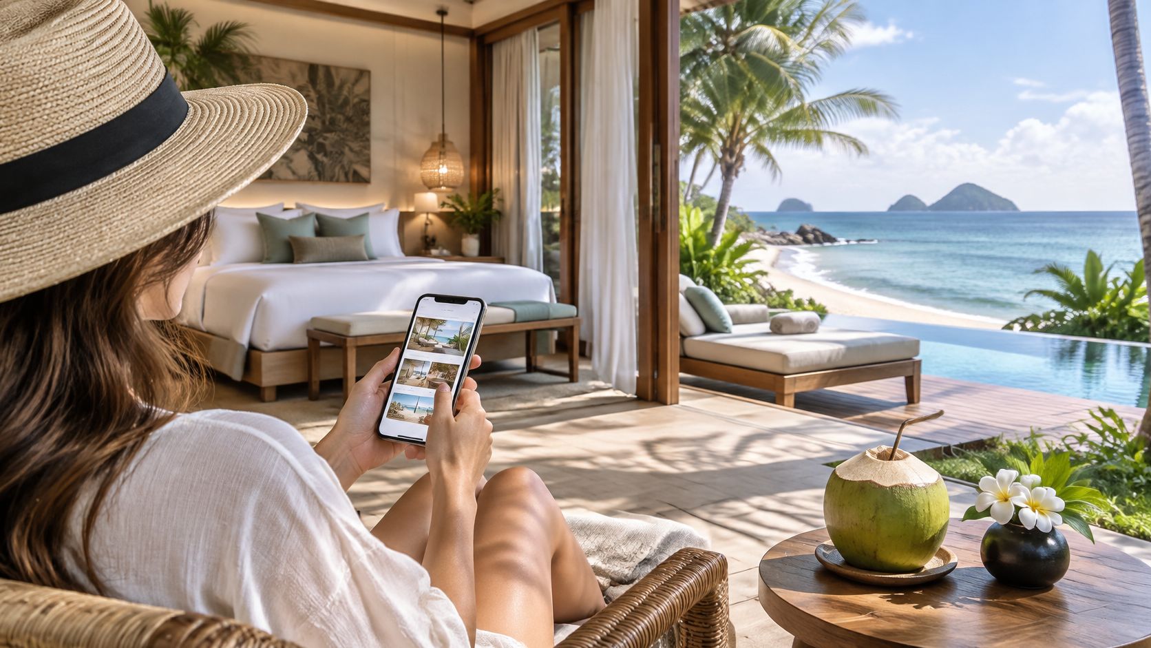 Ocho ejemplos de embudos de ventas por sector » Una mujer relajada con sombrero de paja usa su teléfono móvil en un resort de lujo frente al mar.