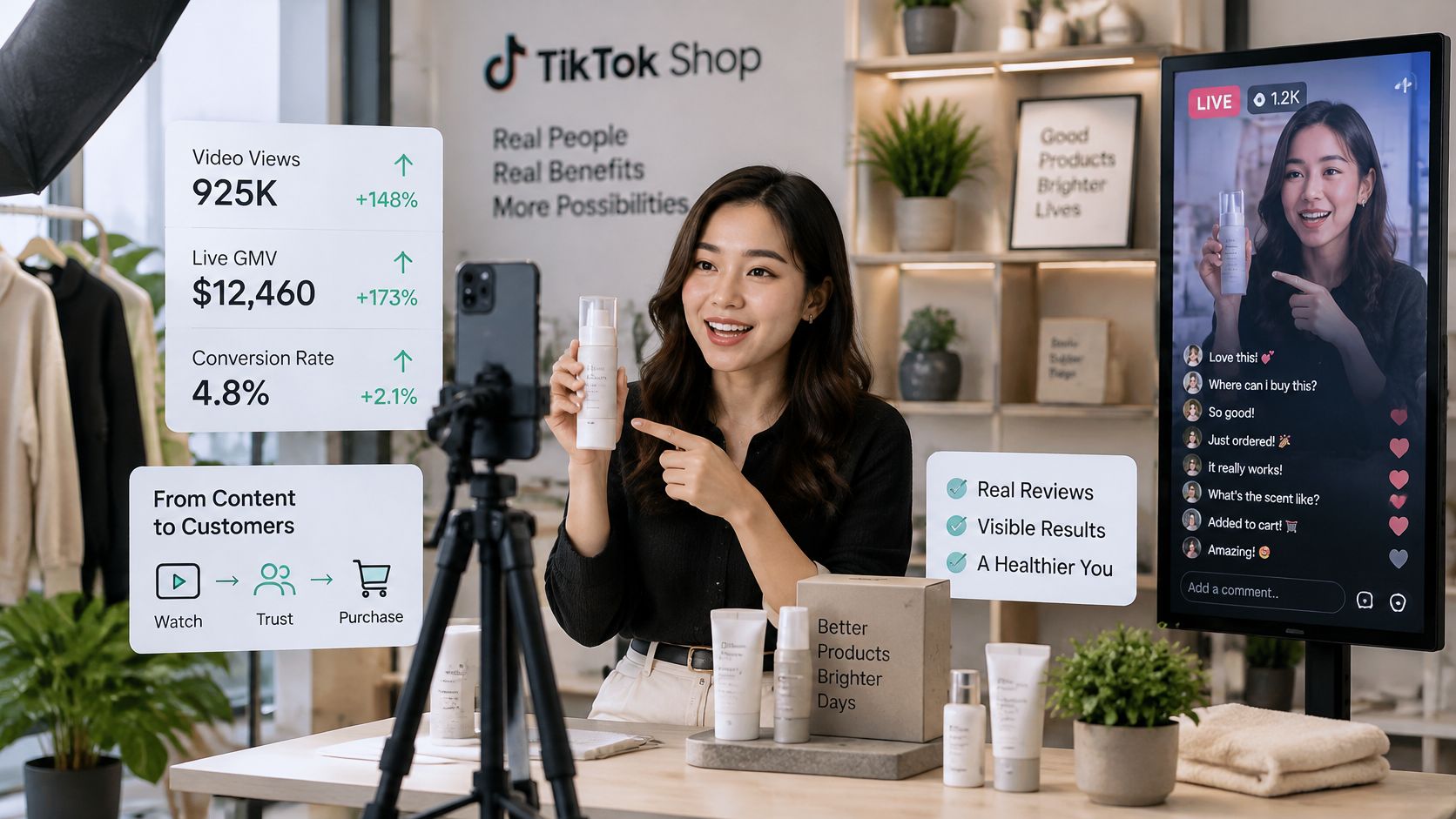 Una mujer presentando productos de belleza durante una transmisión en vivo para TikTok Shop promocionando su marca.
