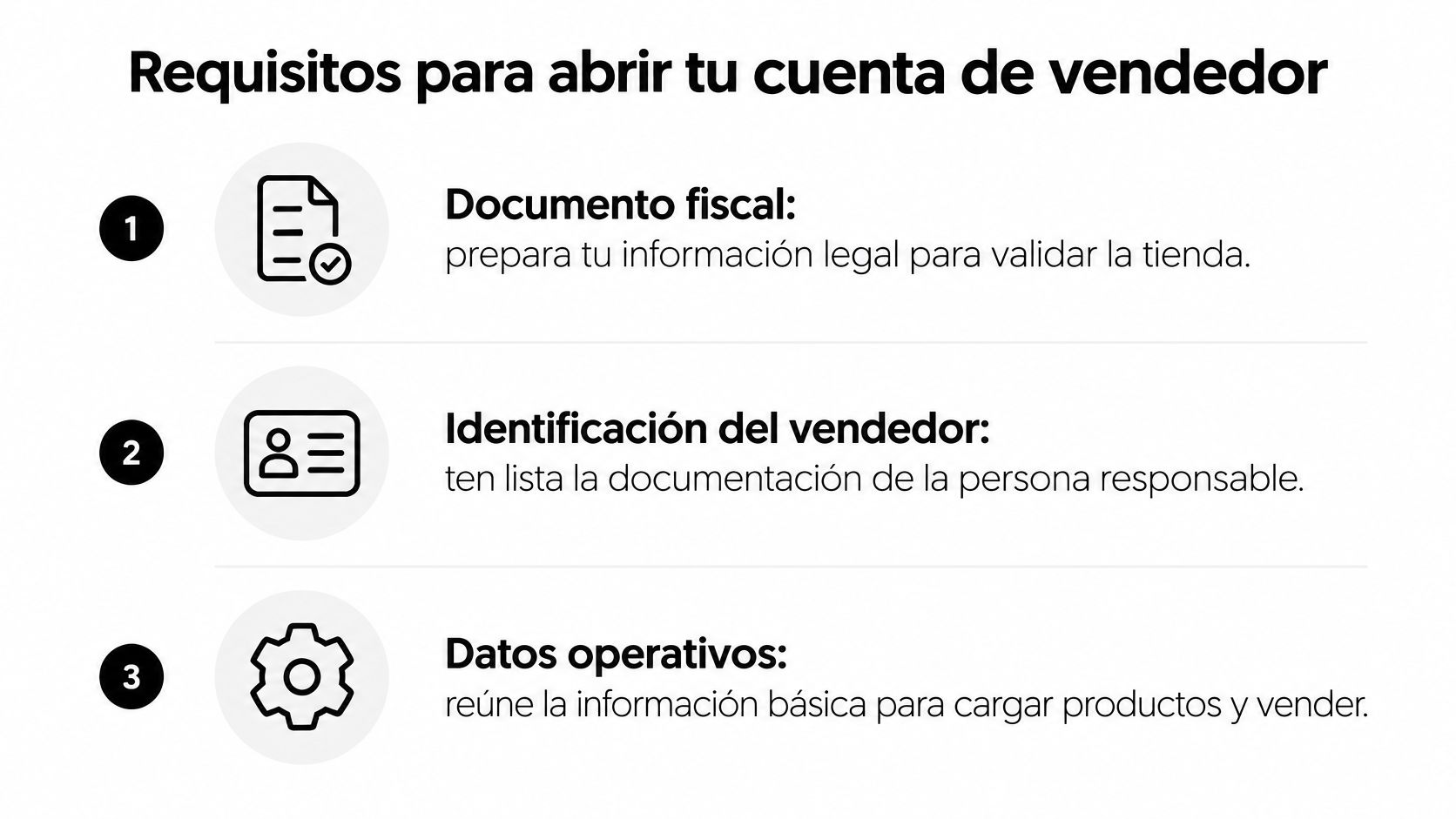 Lista de tres requisitos esenciales para abrir una cuenta de vendedor en la plataforma de comercio electrónico.