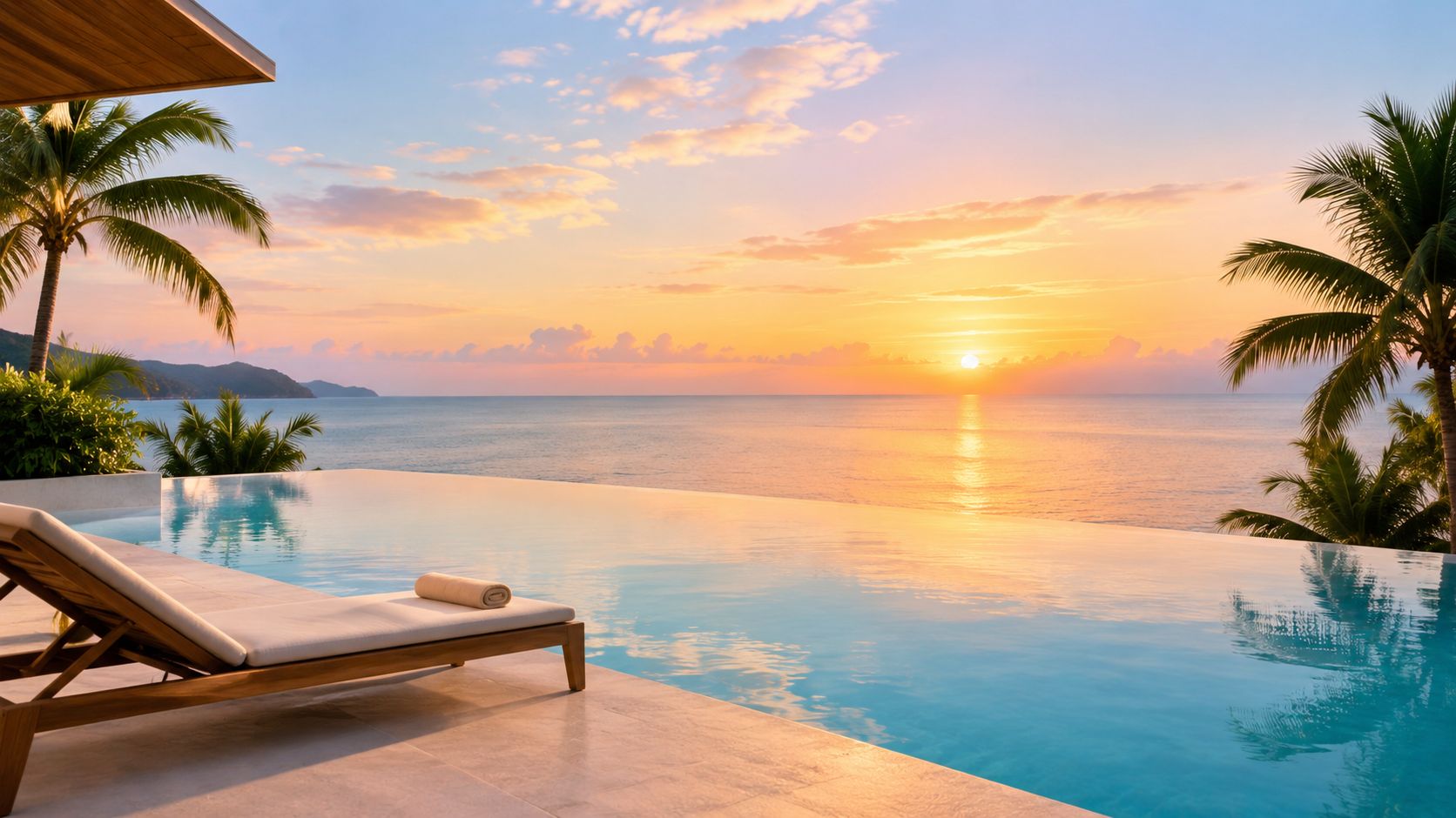 Lujosa piscina infinita frente al mar con una hamaca al atardecer en un complejo vacacional tropical.